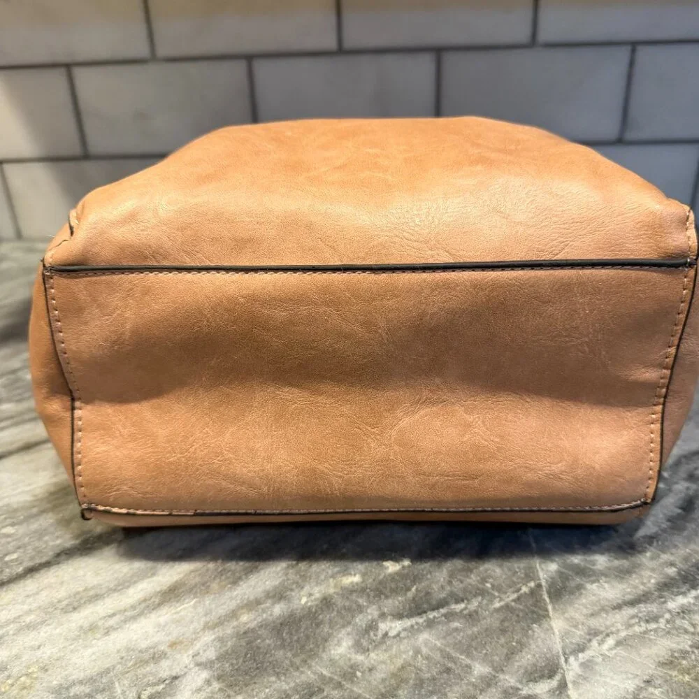 Tan Faux Leather Hobo/Bucket Bag with 3 Exterior Pockets
